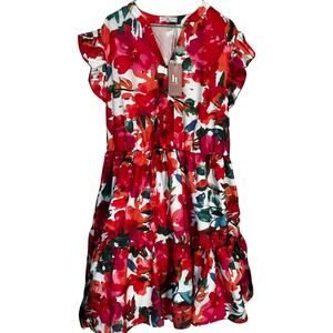 NWT  Hotouch vibrant red V-neckline flutter teired sleeve’s side pockets